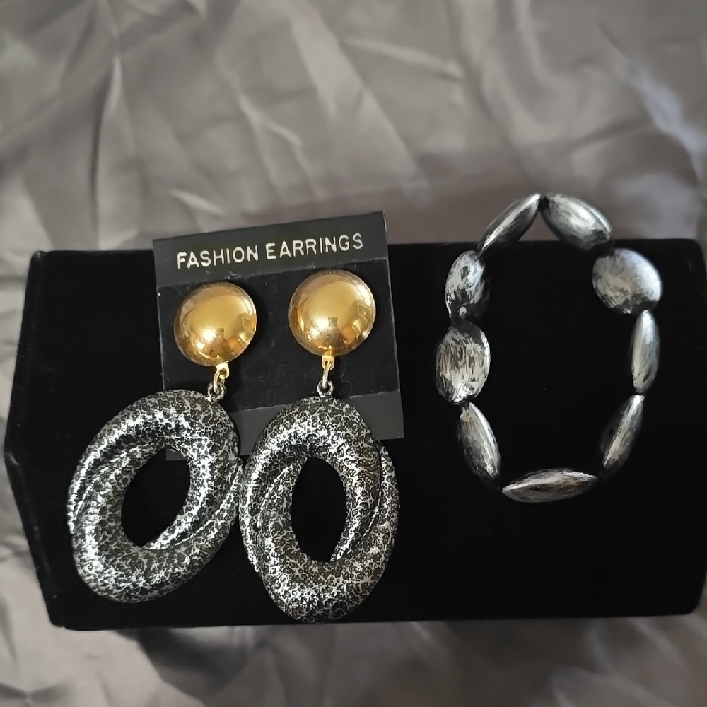 Gold and Silver Textured Earrings Bold Design With Bracelet